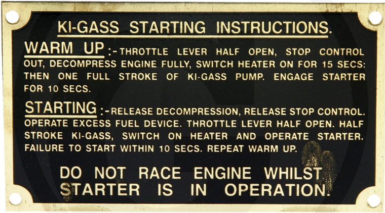 Typeplaatje Ki-Gass Starting Instruction